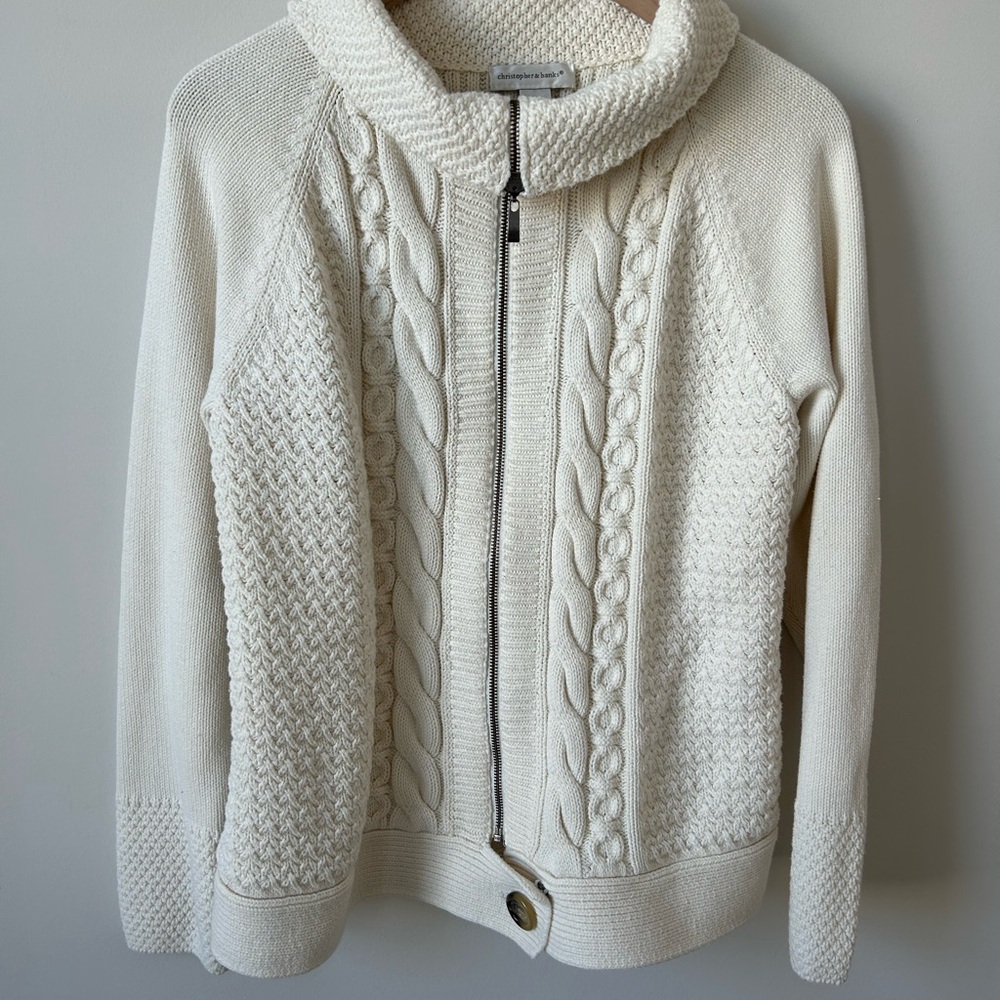 Christopher & Banks Ivory Cable Knit Zip Front Sweater Cardigan XL